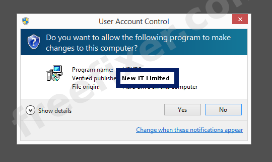 Screenshot where New IT Limited appears as the verified publisher in the UAC dialog